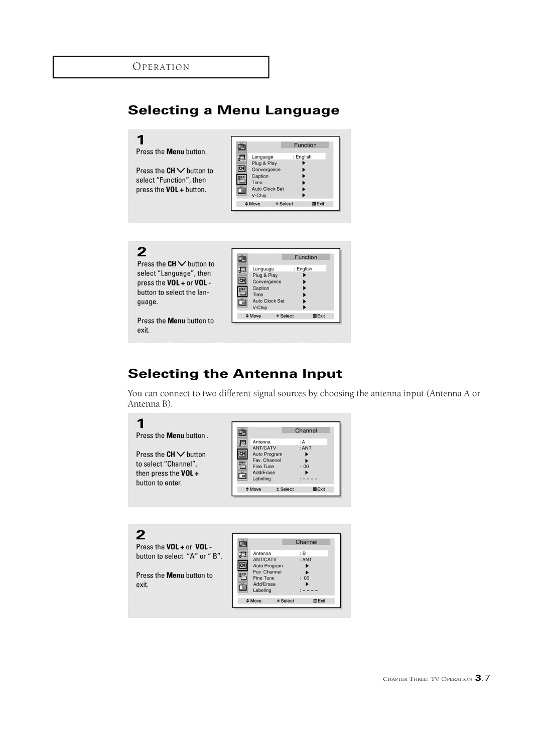 Samsung HCN436W, PCN5425R, HCN473W, HCN4727W, HCN553W, HCN5527W, HCN653W Selecting a Menu Language, Selecting the Antenna Input 