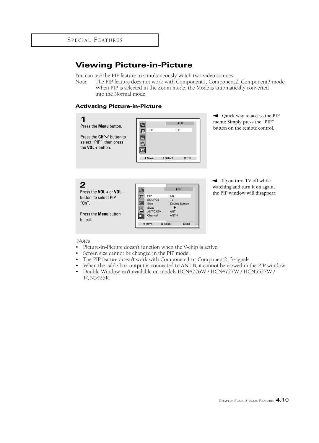 Samsung HCN653W, PCN5425R, HCN473W, HCN4727W, HCN436W, HCN553W manual Viewing Picture-in-Picture, Activating Picture-in-Picture 