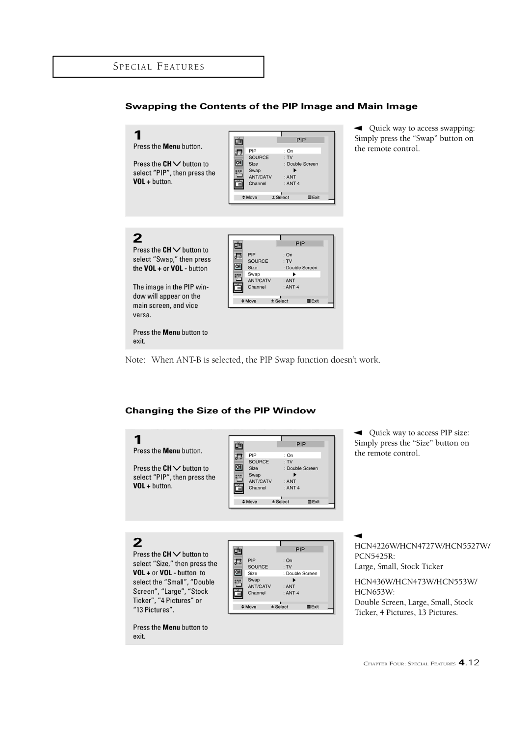 Samsung HCN473W, PCN5425R manual Swapping the Contents of the PIP Image and Main Image, Changing the Size of the PIP Window 