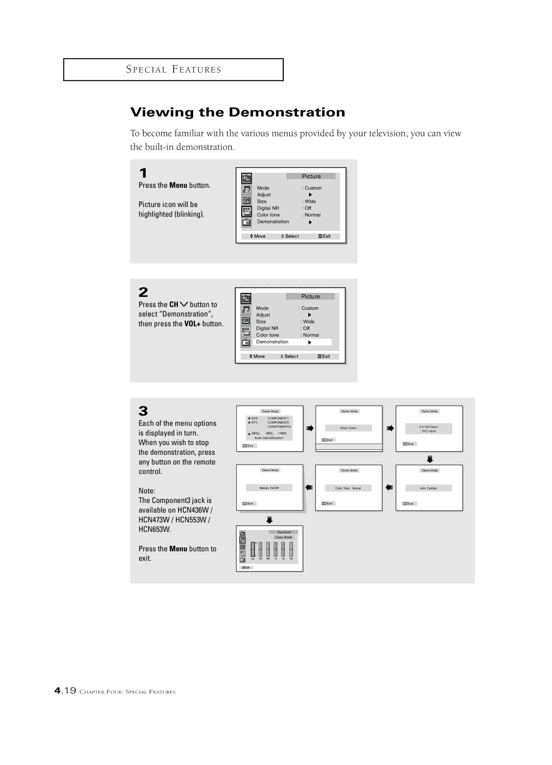 Samsung HCN473W, PCN5425R manual Viewing the Demonstration, Picture icon will be, Highlighted blinking, Select Demonstration 