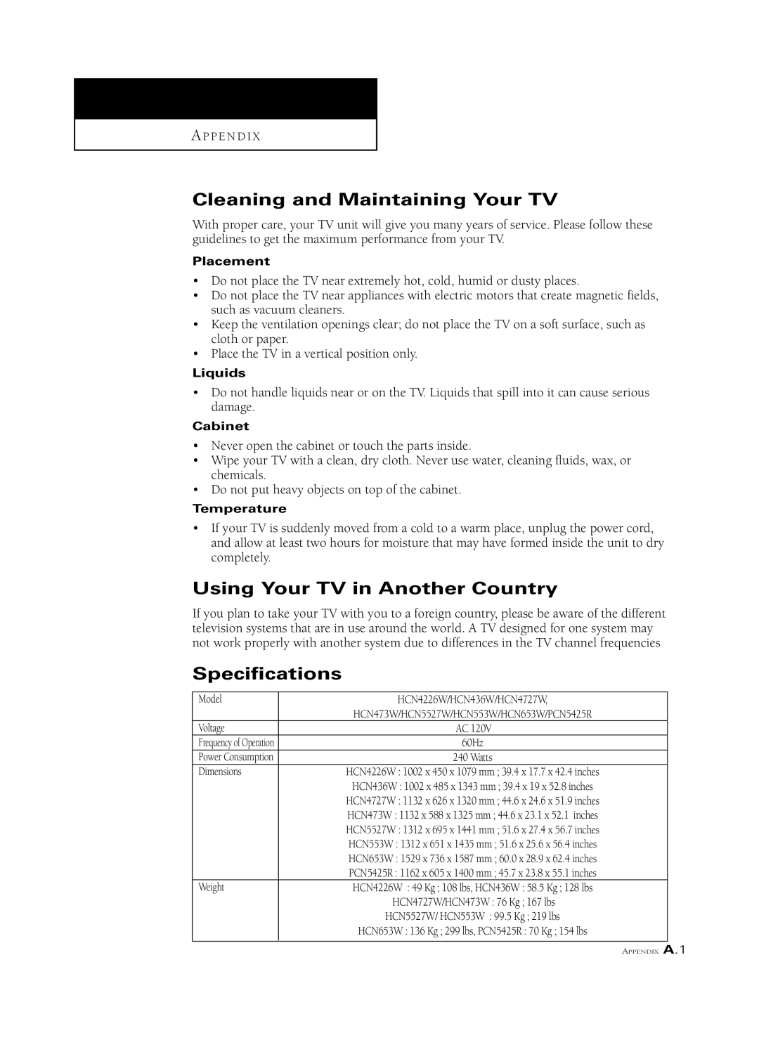 Samsung HCN653W, PCN5425R, HCN473W manual Cleaning and Maintaining Your TV, Using Your TV in Another Country, Specifications 