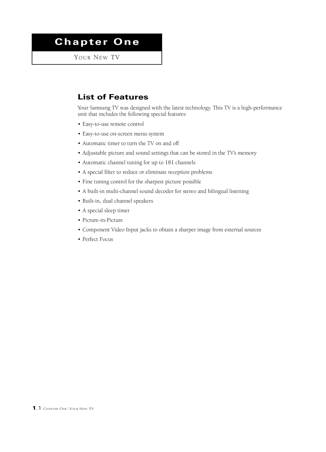 Samsung HCN473W, PCN5425R, HCN4727W, HCN436W, HCN553W, HCN5527W, HCN653W manual Chapter One, List of Features 