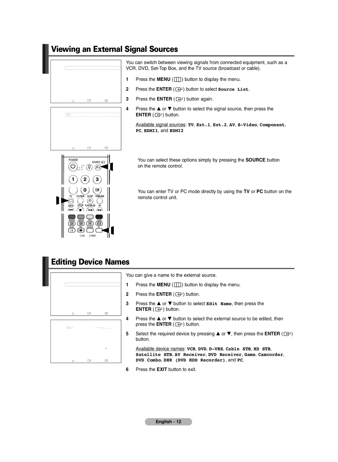 Samsung PDP-TELEVISION manual Viewing an External Signal Sources, Editing Device Names 