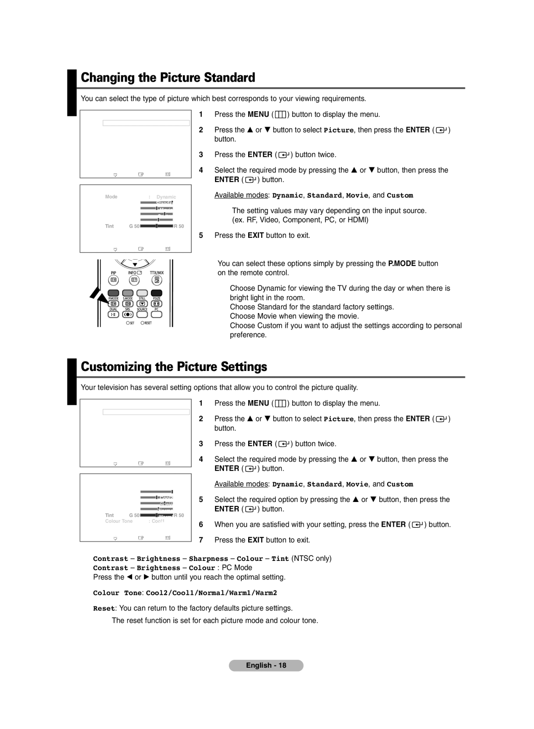 Samsung PDP-TELEVISION manual Changing the Picture Standard, Customizing the Picture Settings 