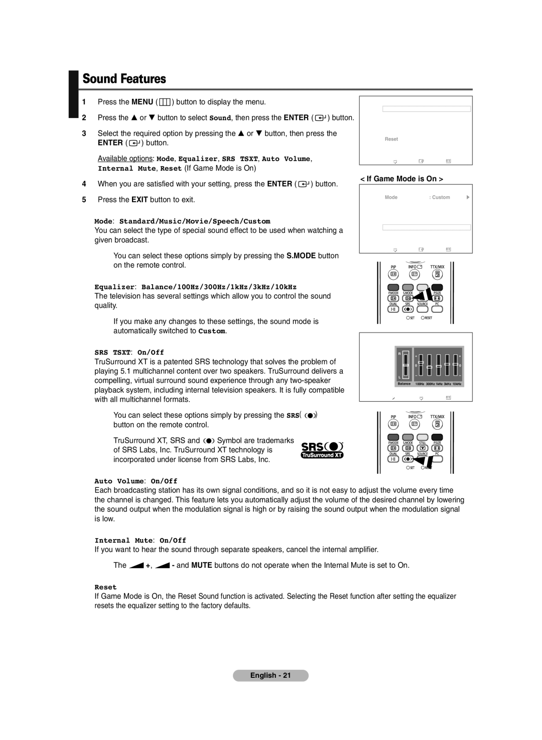 Samsung PDP-TELEVISION manual Sound Features, If Game Mode is On 