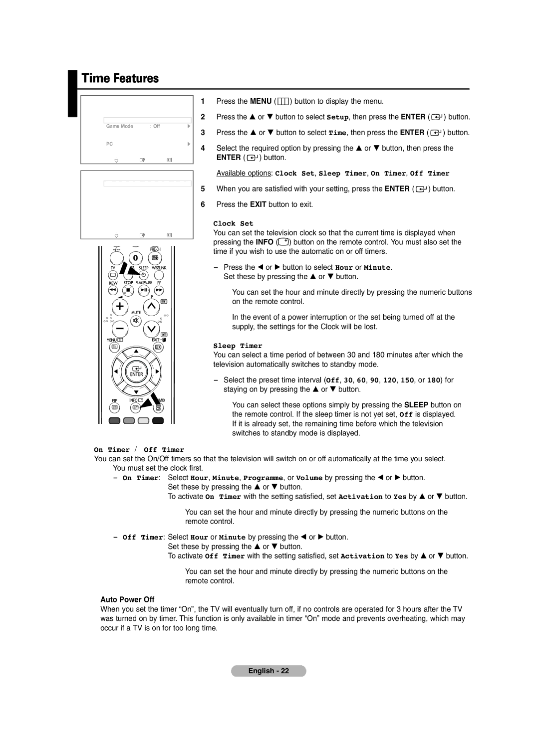 Samsung PDP-TELEVISION manual Time Features, Clock Set, Sleep Timer, On Timer / Off Timer, Auto Power Off 