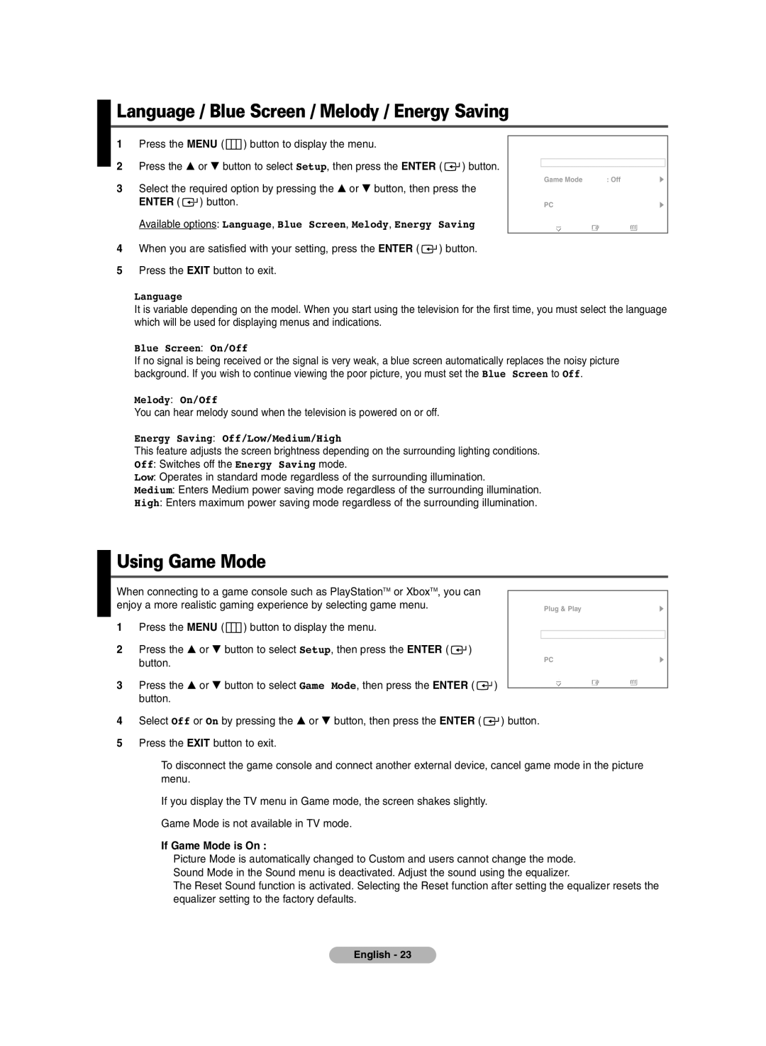 Samsung PDP-TELEVISION manual Language / Blue Screen / Melody / Energy Saving, Using Game Mode 