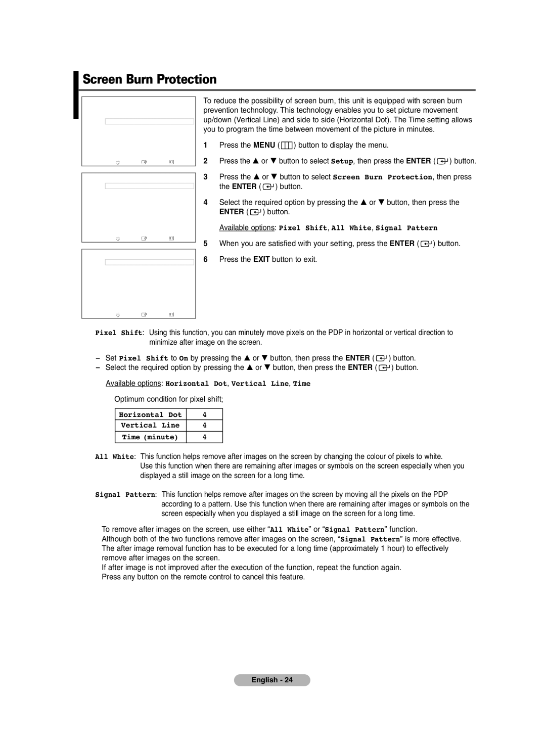 Samsung PDP-TELEVISION manual Screen Burn Protection, Available options Pixel Shift, All White, Signal Pattern 