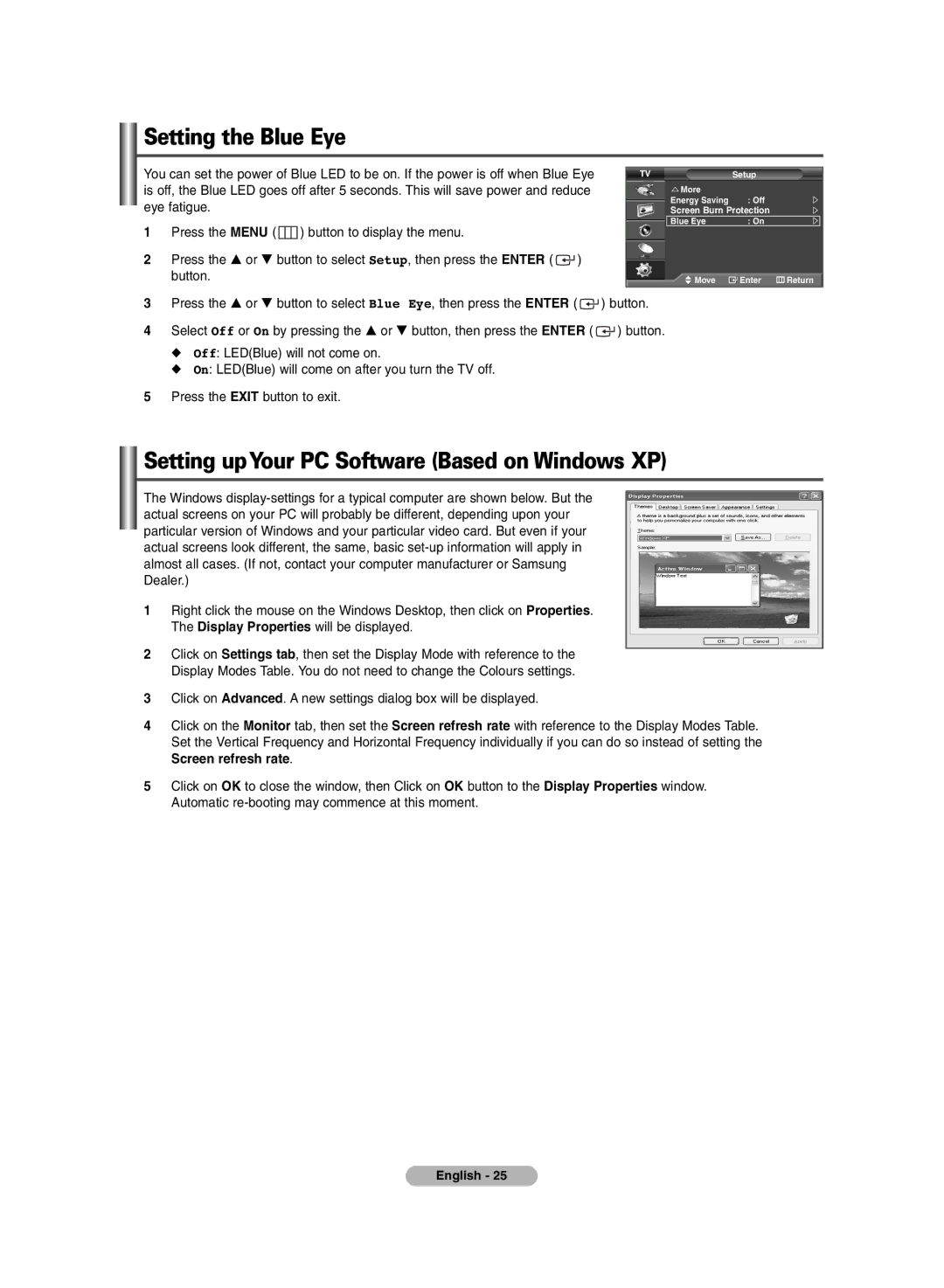 Samsung PDP-TELEVISION manual Setting the Blue Eye, Setting upYour PC Software Based on Windows XP 