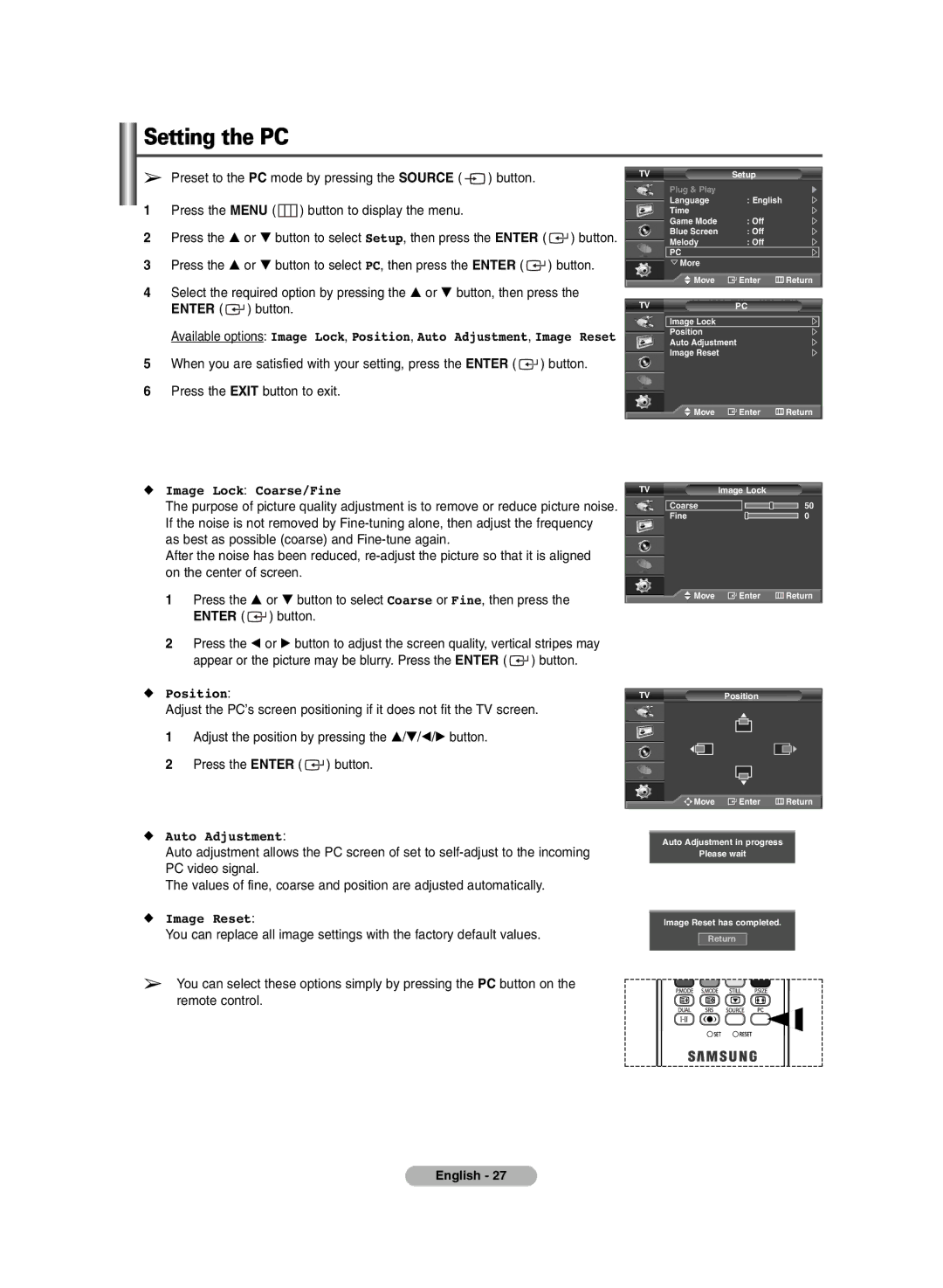 Samsung PDP-TELEVISION manual Setting the PC, Image Lock Coarse/Fine, Auto Adjustment, Image Reset 