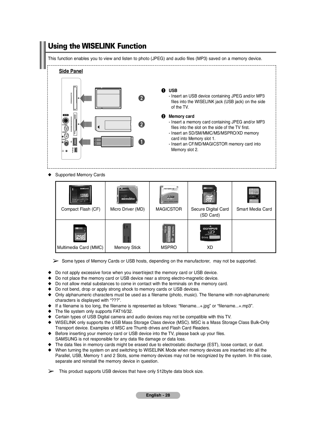 Samsung PDP-TELEVISION manual Using the Wiselink Function, ´ Memory card 