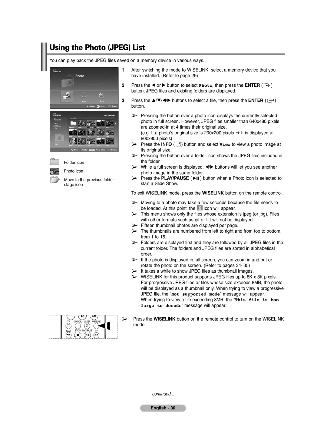 Samsung PDP-TELEVISION manual Using the Photo Jpeg List, 800x800 pixels 