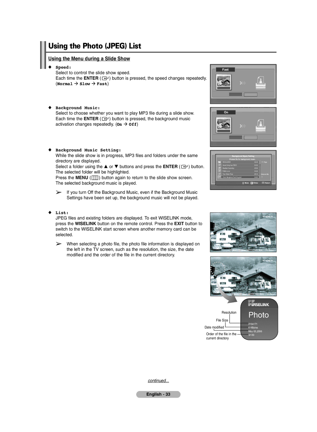 Samsung PDP-TELEVISION manual Using the Menu during a Slide Show, Speed, Normal Slow Fast Background Music 