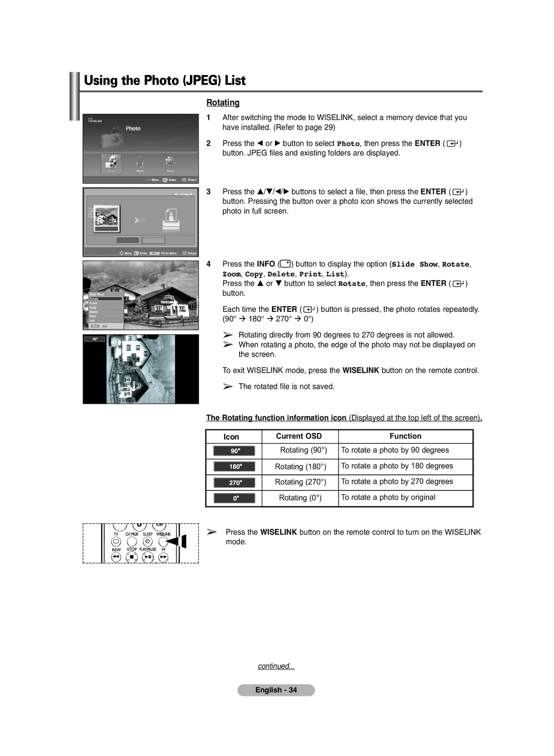 Samsung PDP-TELEVISION manual Rotating, Zoom, Copy, Delete, Print, List, Icon Current OSD 