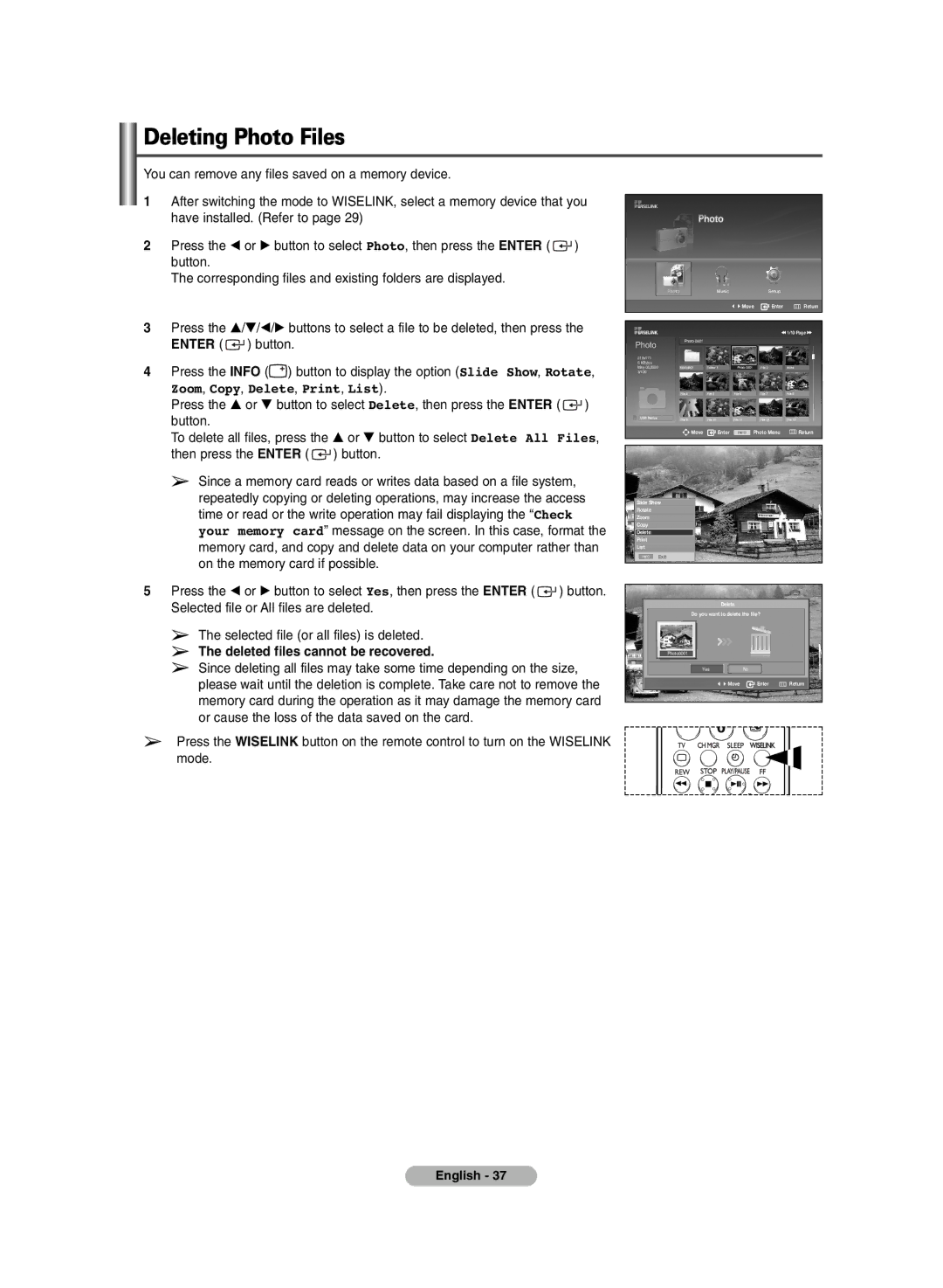 Samsung PDP-TELEVISION manual Deleting Photo Files, Deleted files cannot be recovered 