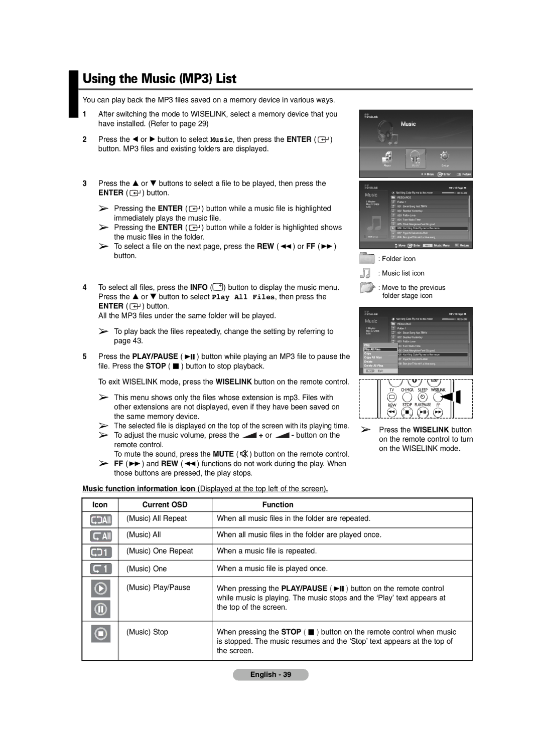 Samsung PDP-TELEVISION manual Using the Music MP3 List, Folder icon Music list icon 