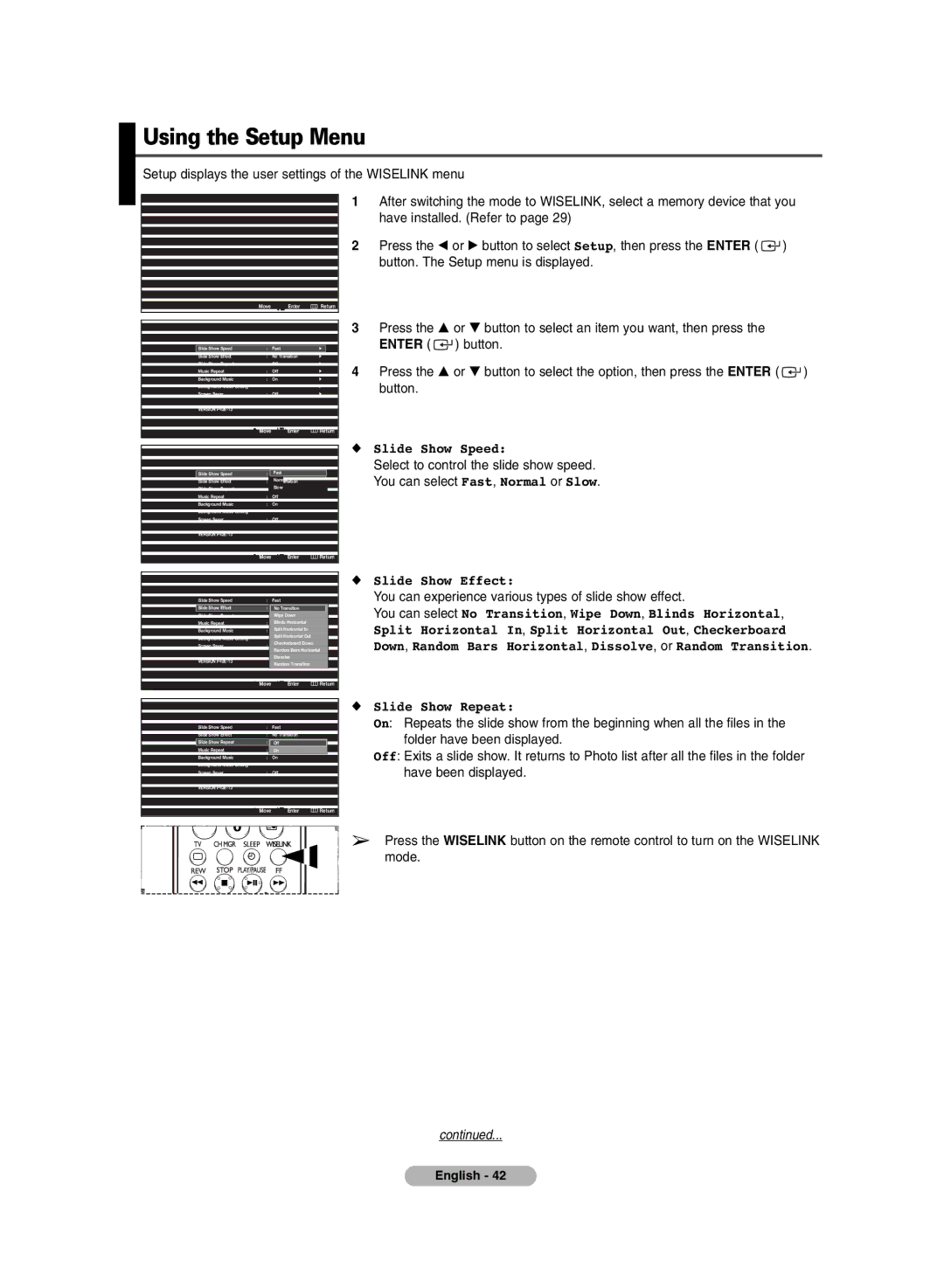 Samsung PDP-TELEVISION manual Using the Setup Menu, Slide Show Speed, Slide Show Effect 