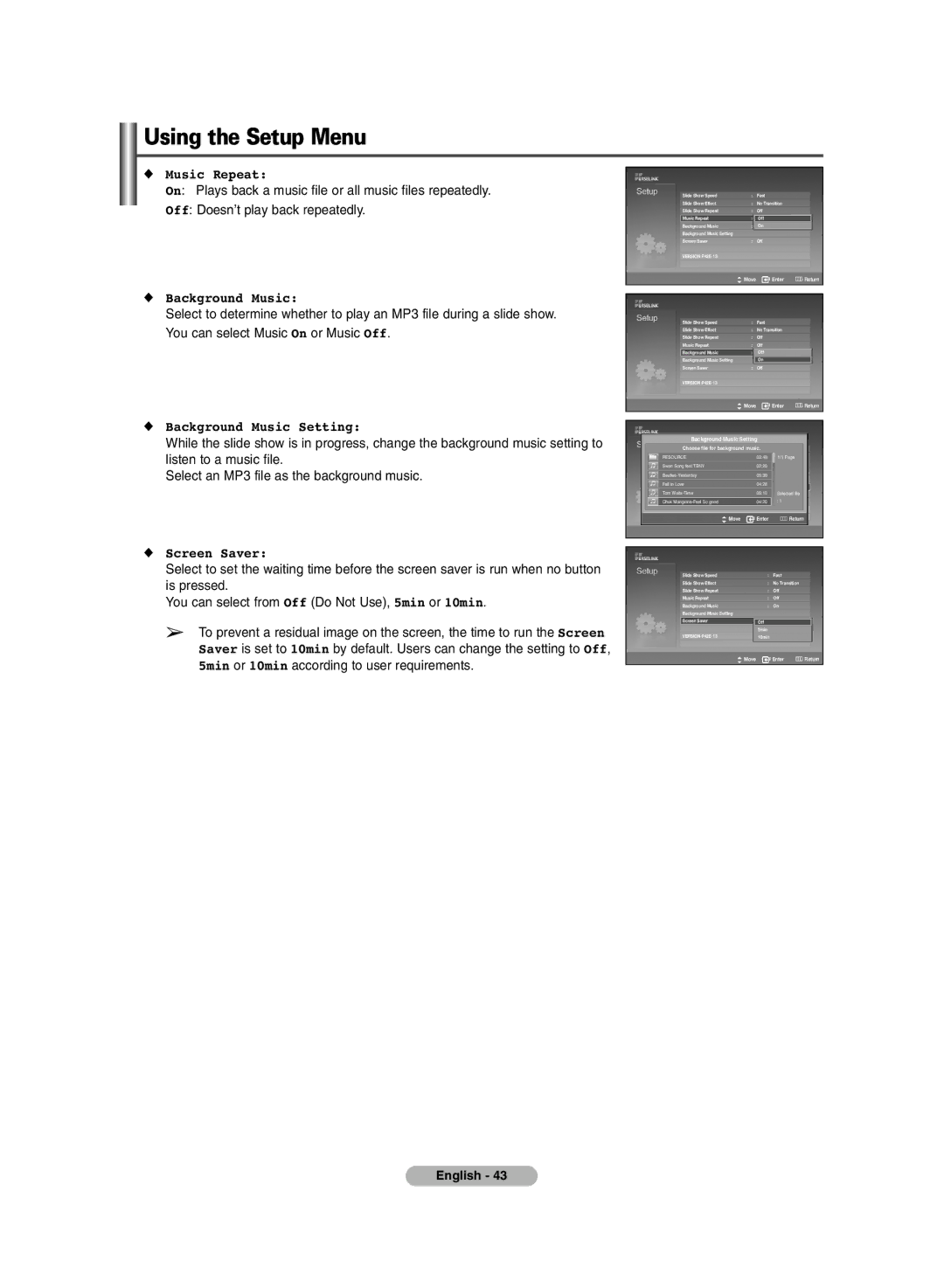 Samsung PDP-TELEVISION manual Music Repeat, Screen Saver 