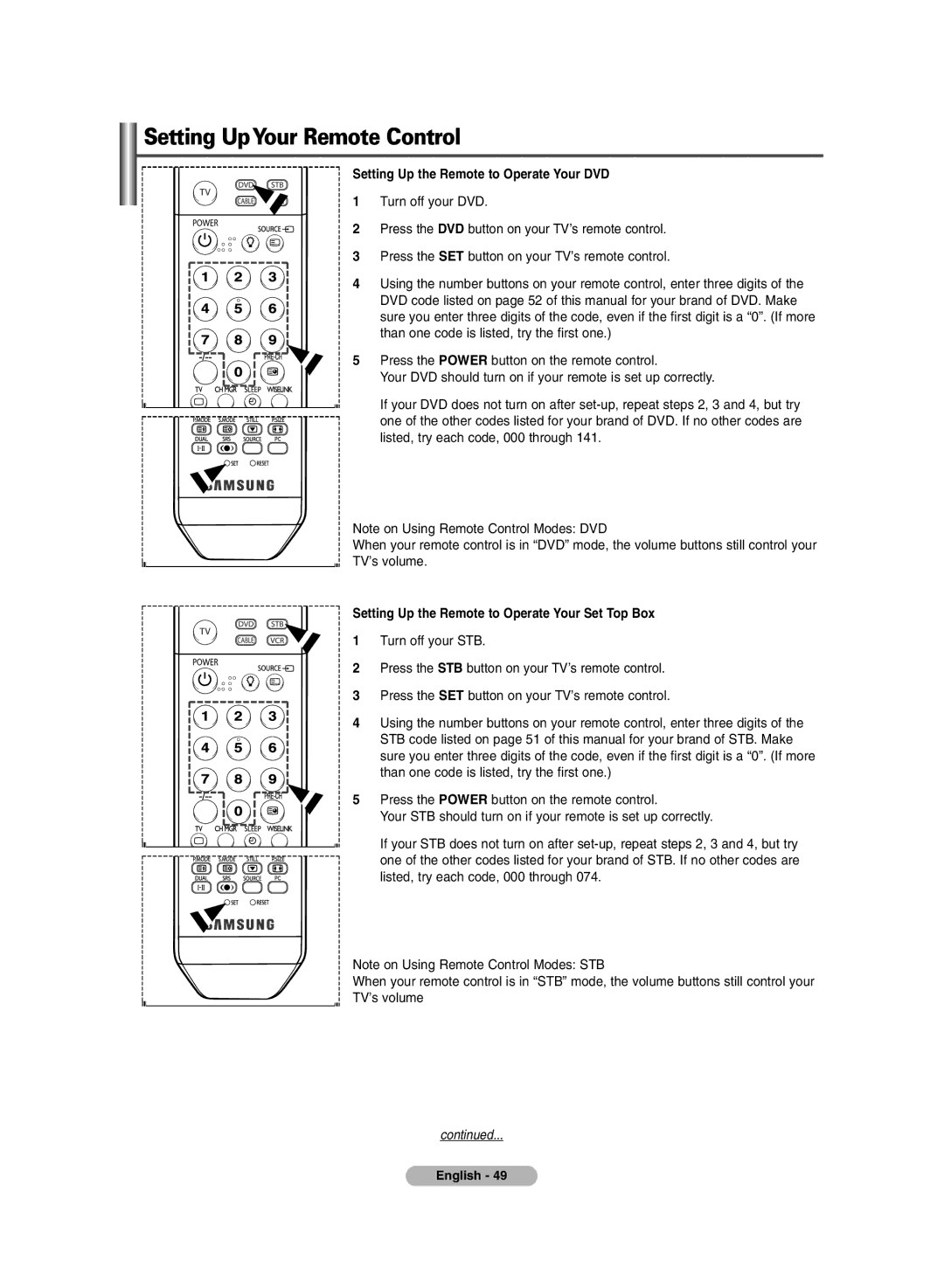 Samsung PDP-TELEVISION manual Setting UpYour Remote Control 