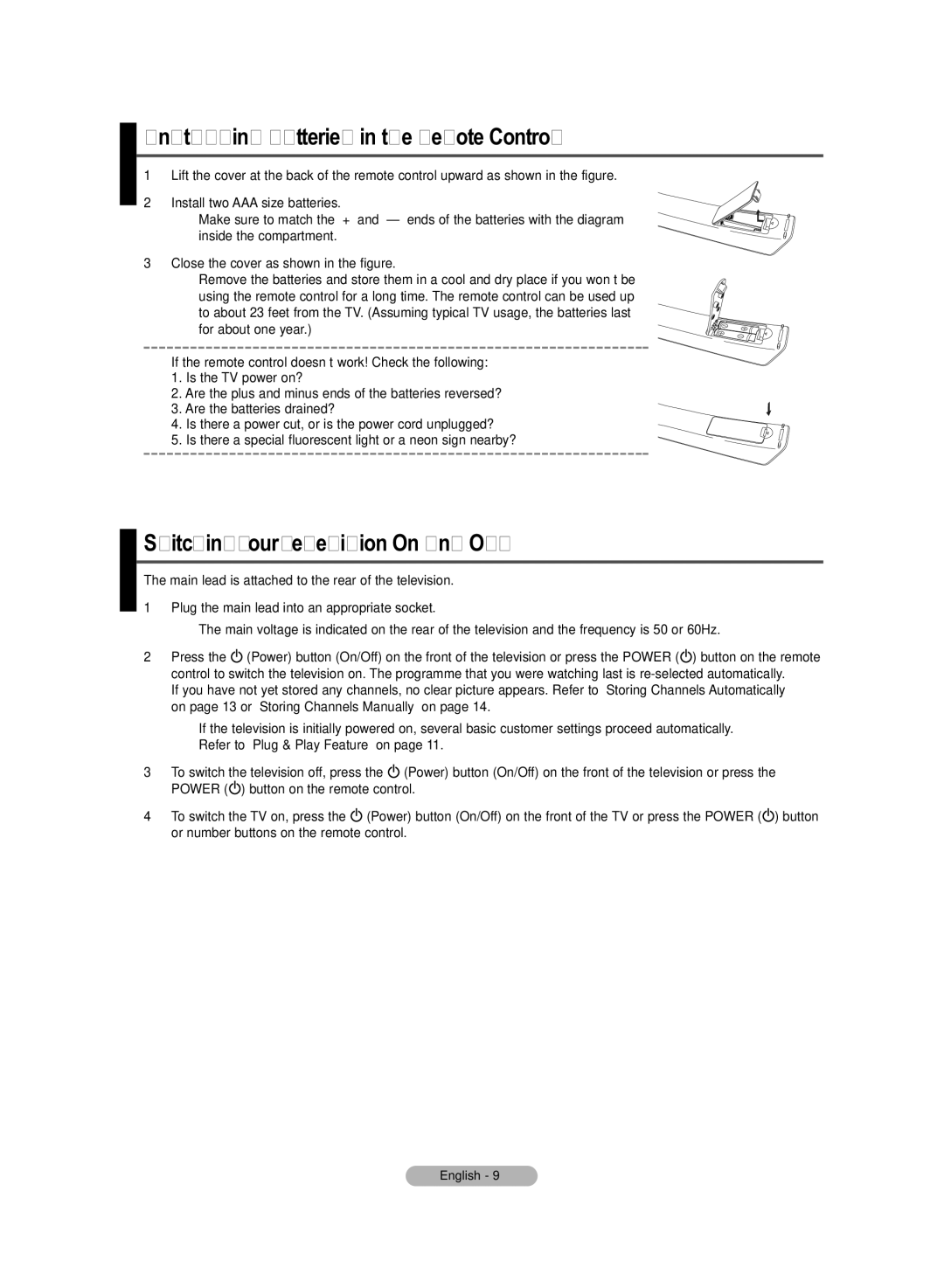 Samsung PDP-TELEVISION manual Installing Batteries in the Remote Control, SwitchingYourTelevision On and Off 