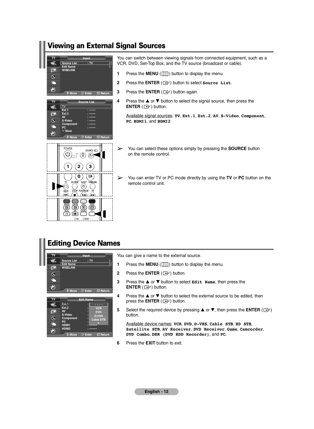 Samsung PDP-TELEVISION manual Viewing an External Signal Sources, Editing Device Names, Ext.1 