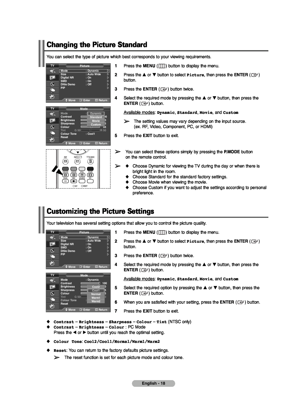 Samsung PDP-TELEVISION manual Changing the Picture Standard, Customizing the Picture Settings 