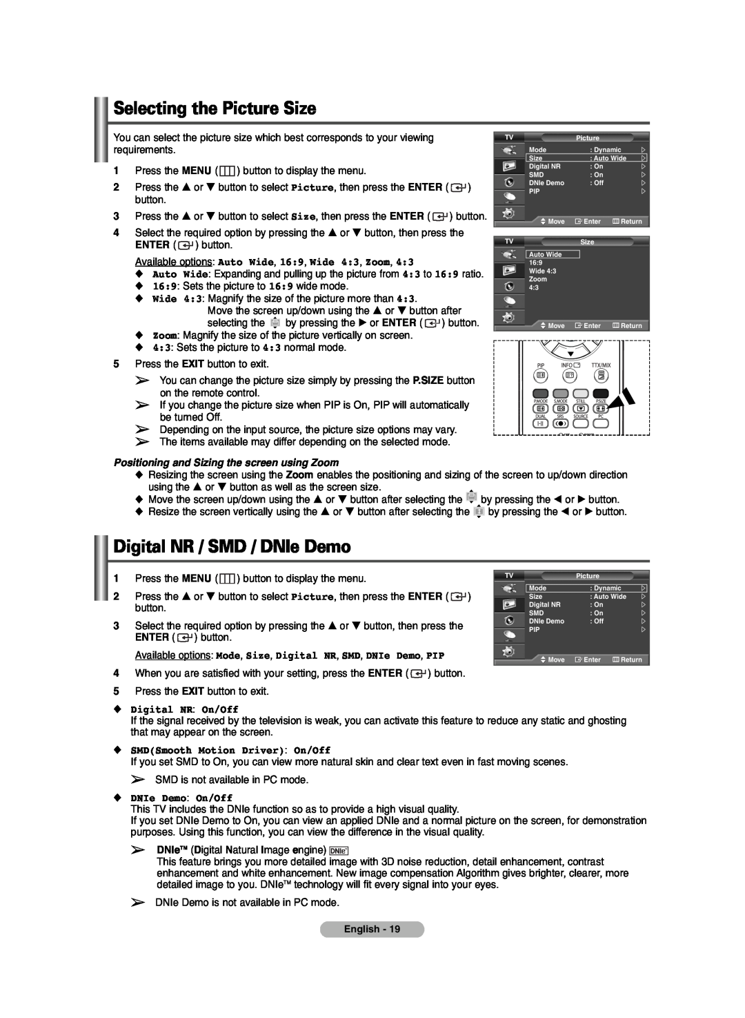 Samsung PDP-TELEVISION manual Selecting the Picture Size, Digital NR / SMD / DNIe Demo, Digital NR On/Off, DNIe Demo On/Off 