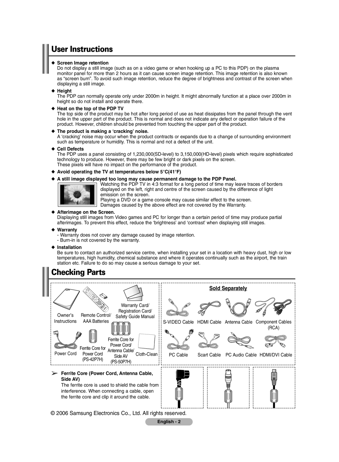Samsung PDP-TELEVISION manual User Instructions, Checking Parts, Sold Separately 