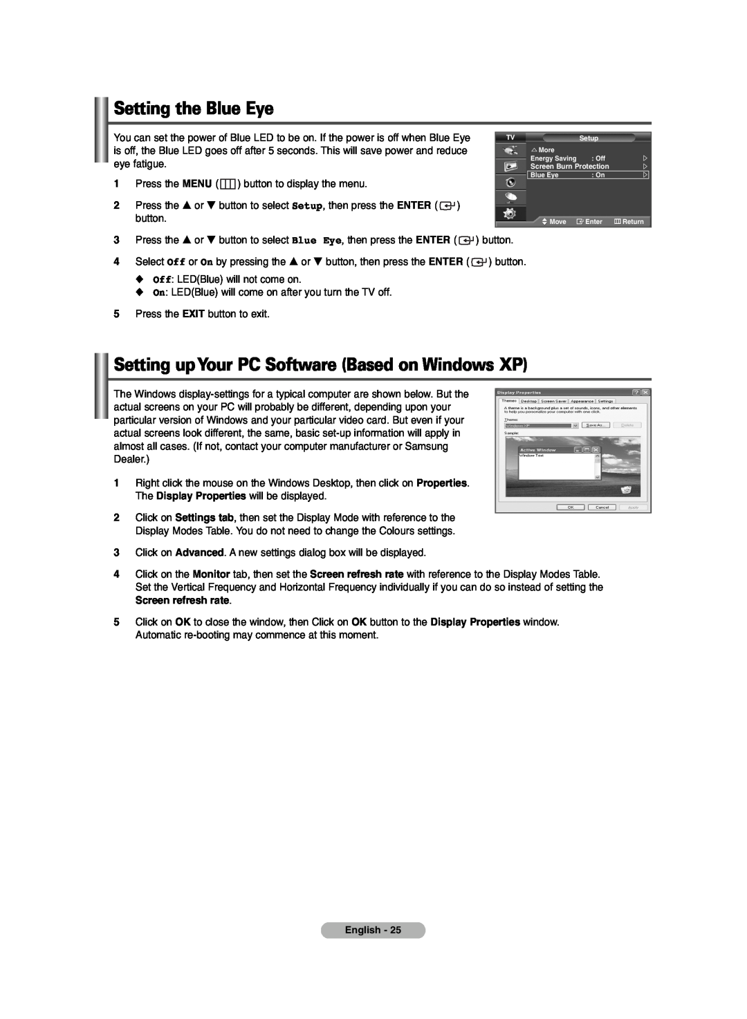 Samsung PDP-TELEVISION manual Setting the Blue Eye, Setting upYour PC Software Based on Windows XP 