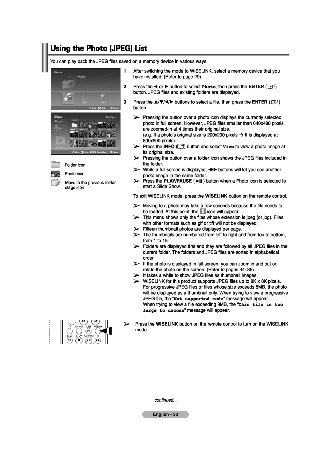Samsung PDP-TELEVISION manual Using the Photo JPEG List, continued, its original size 