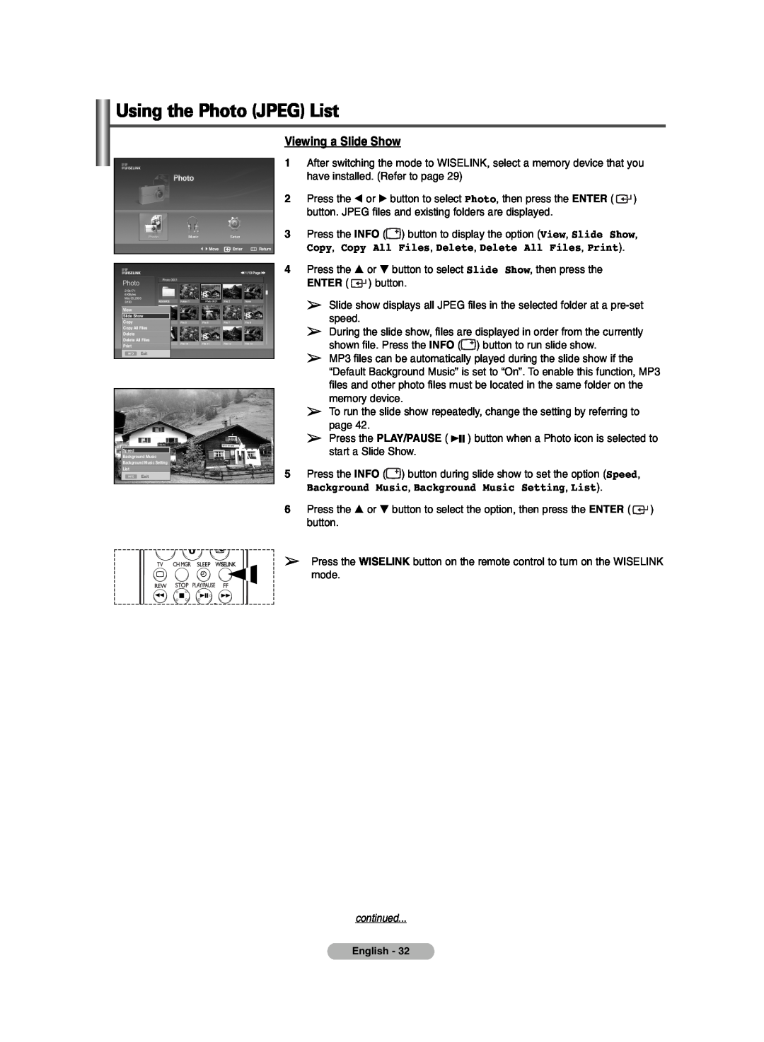 Samsung PDP-TELEVISION manual Viewing a Slide Show, Copy, Copy All Files, Delete, Delete All Files, Print, continued 