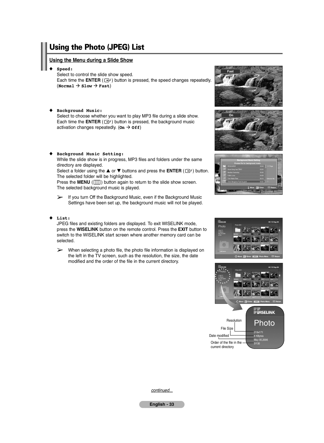 Samsung PDP-TELEVISION manual Using the Menu during a Slide Show, Speed, Normal Slow Fast, Background Music, Photo, List 
