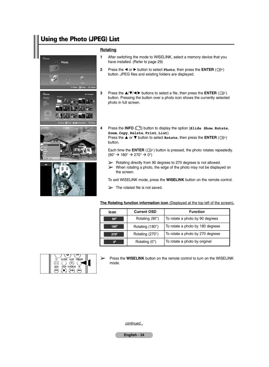 Samsung PDP-TELEVISION manual Rotating, Zoom, Copy, Delete, Print, List, Current OSD, Using the Photo JPEG List, continued 