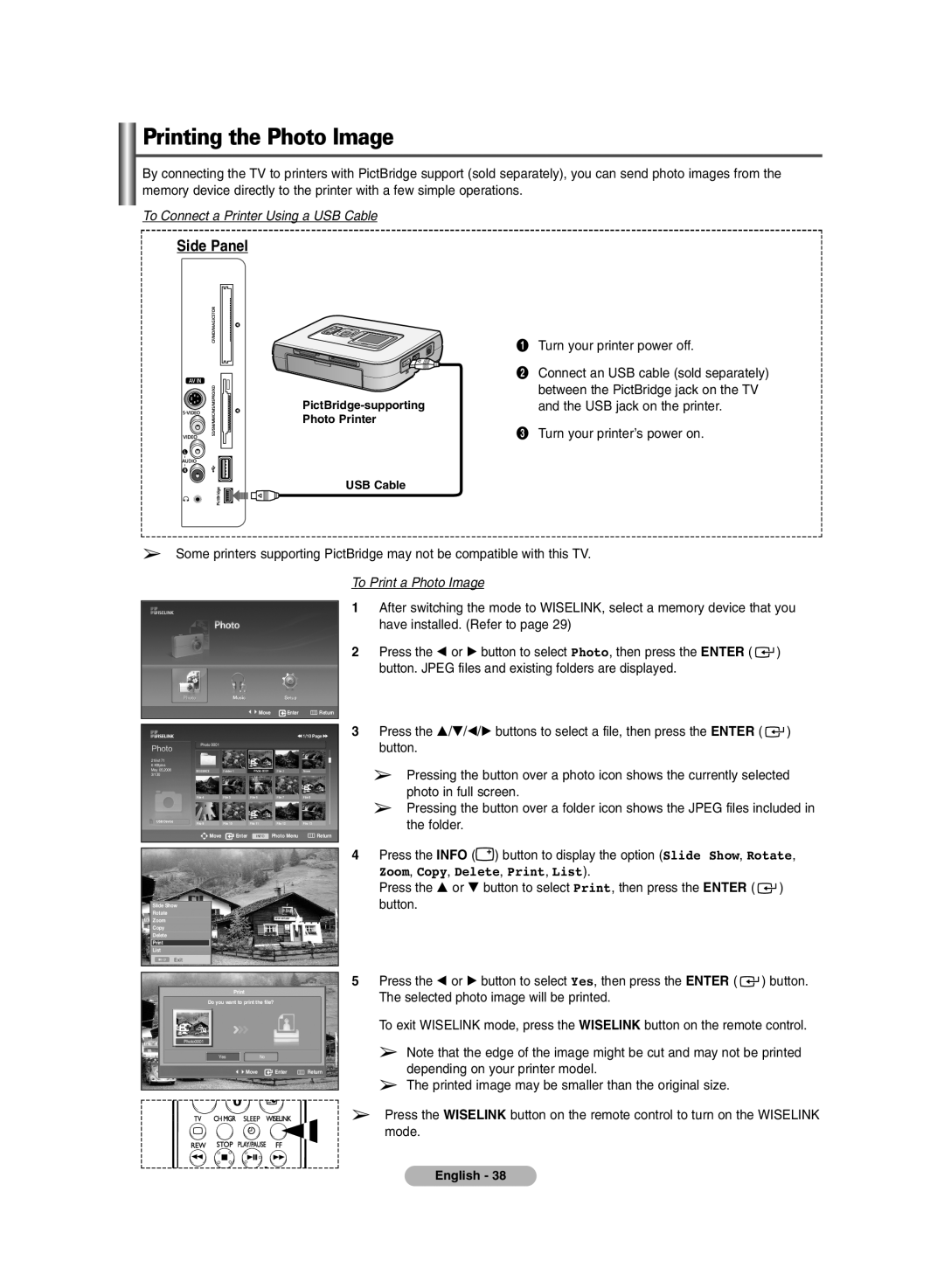 Samsung PDP-TELEVISION manual Printing the Photo Image, To Connect a Printer Using a USB Cable, To Print a Photo Image 