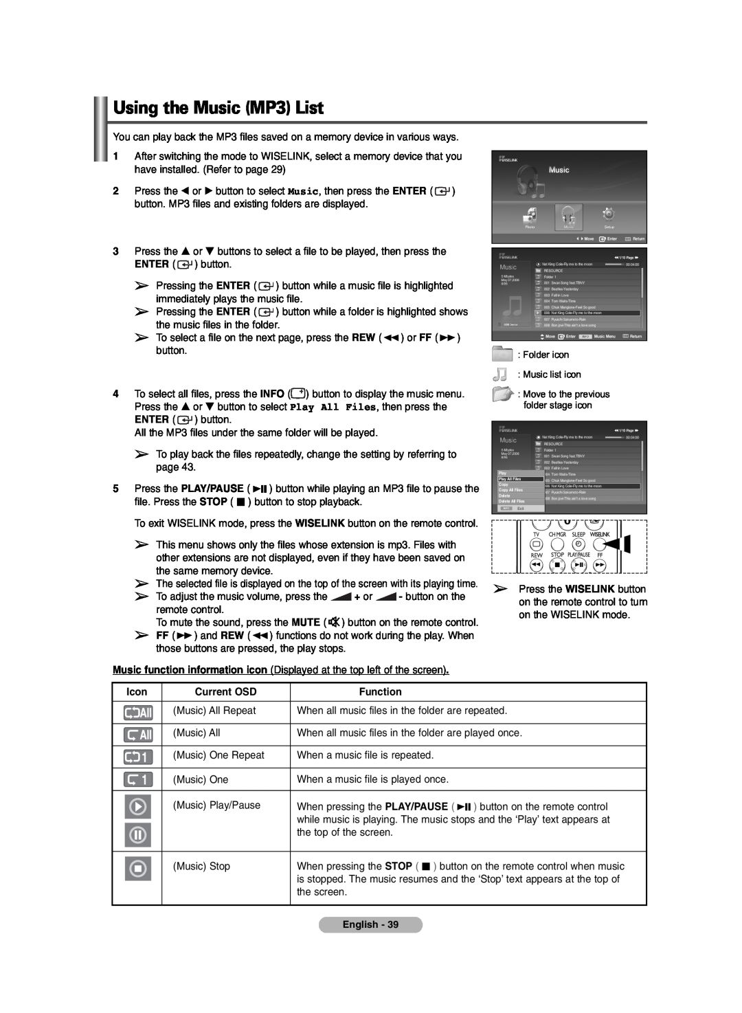 Samsung PDP-TELEVISION manual Using the Music MP3 List, Folder icon Music list icon 