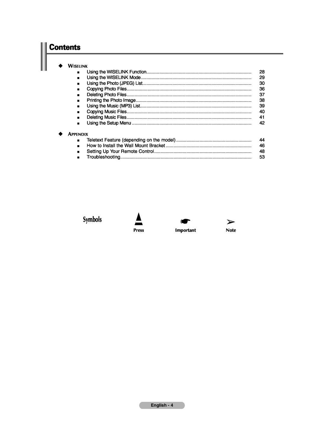 Samsung PDP-TELEVISION manual Press, Contents, Symbols, Wiselink, Appendix 