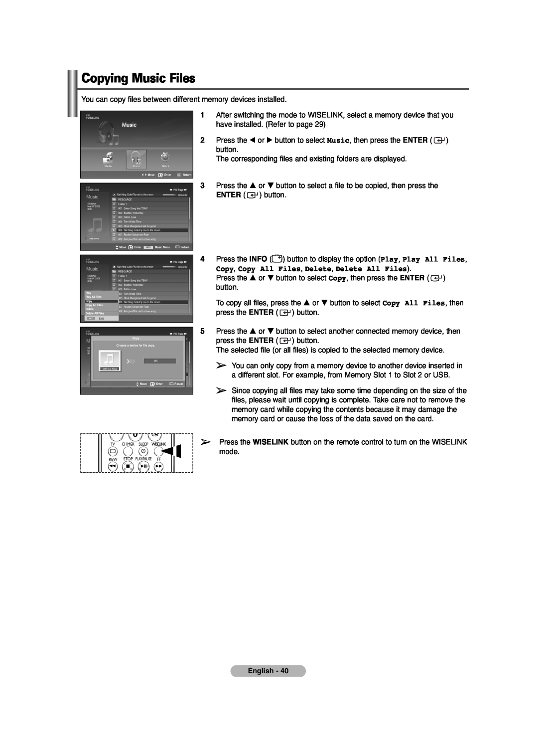 Samsung PDP-TELEVISION manual Copying Music Files, Copy, Copy All Files, Delete, Delete All Files 