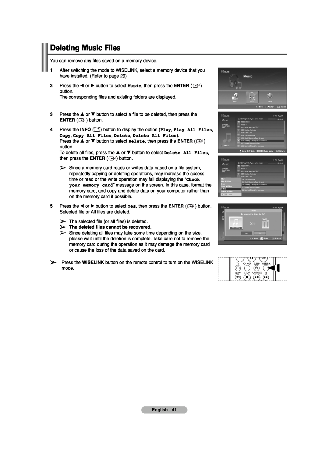 Samsung PDP-TELEVISION manual Deleting Music Files, Copy, Copy All Files, Delete, Delete All Files 