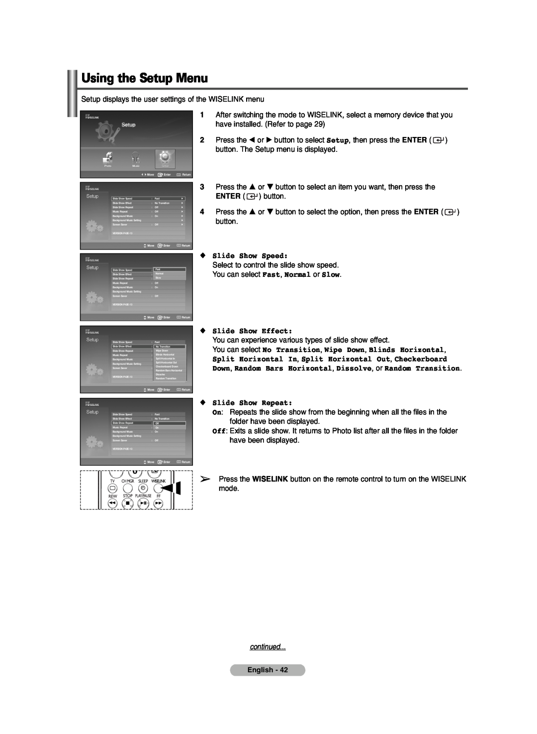 Samsung PDP-TELEVISION manual Using the Setup Menu, Slide Show Speed, Slide Show Effect, Slide Show Repeat, continued 