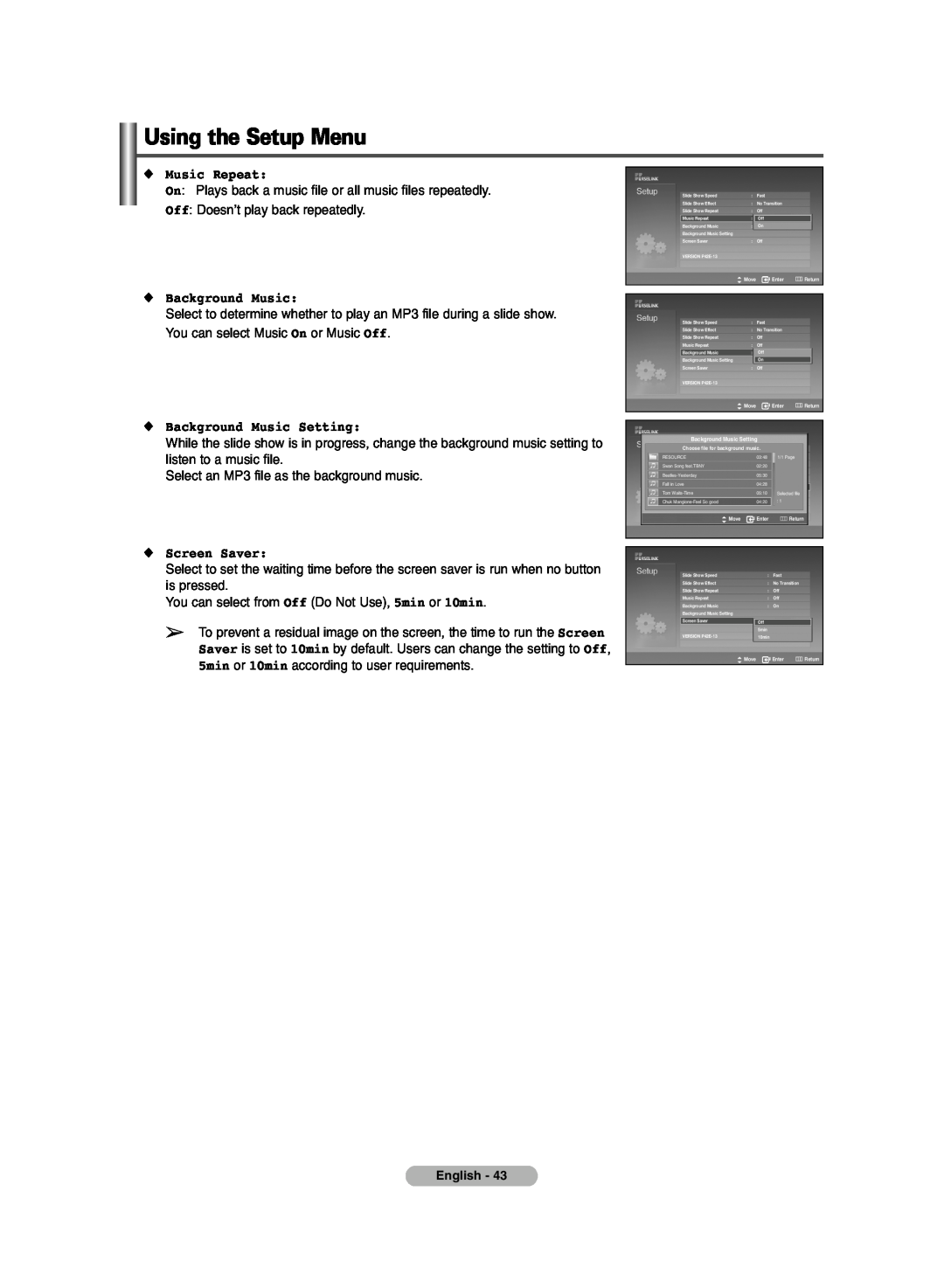 Samsung PDP-TELEVISION manual Music Repeat, Screen Saver, Using the Setup Menu, Background Music Setting 