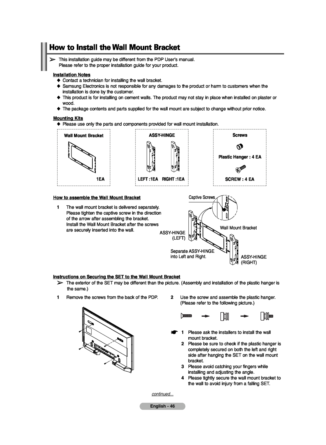 Samsung PDP-TELEVISION manual How to Install the Wall Mount Bracket, continued 