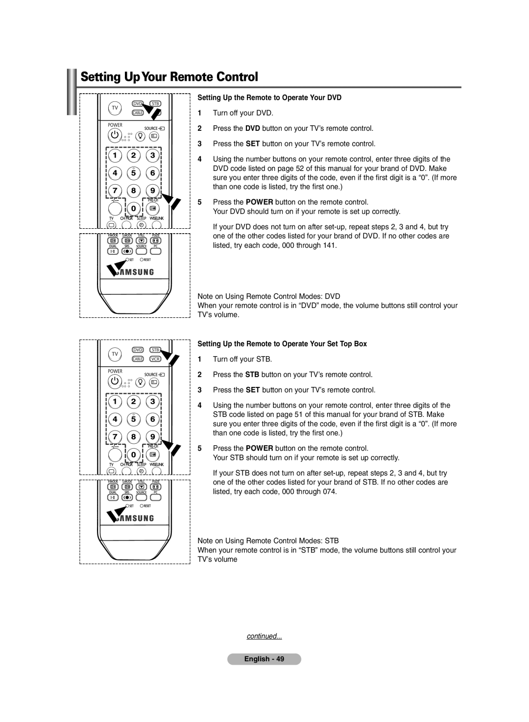 Samsung PDP-TELEVISION manual Setting UpYour Remote Control, Setting Up the Remote to Operate Your DVD 1 Turn off your DVD 
