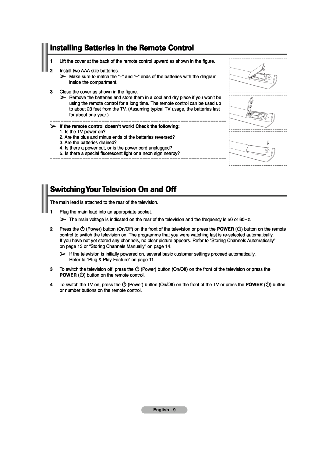 Samsung PDP-TELEVISION manual Installing Batteries in the Remote Control, SwitchingYourTelevision On and Off 