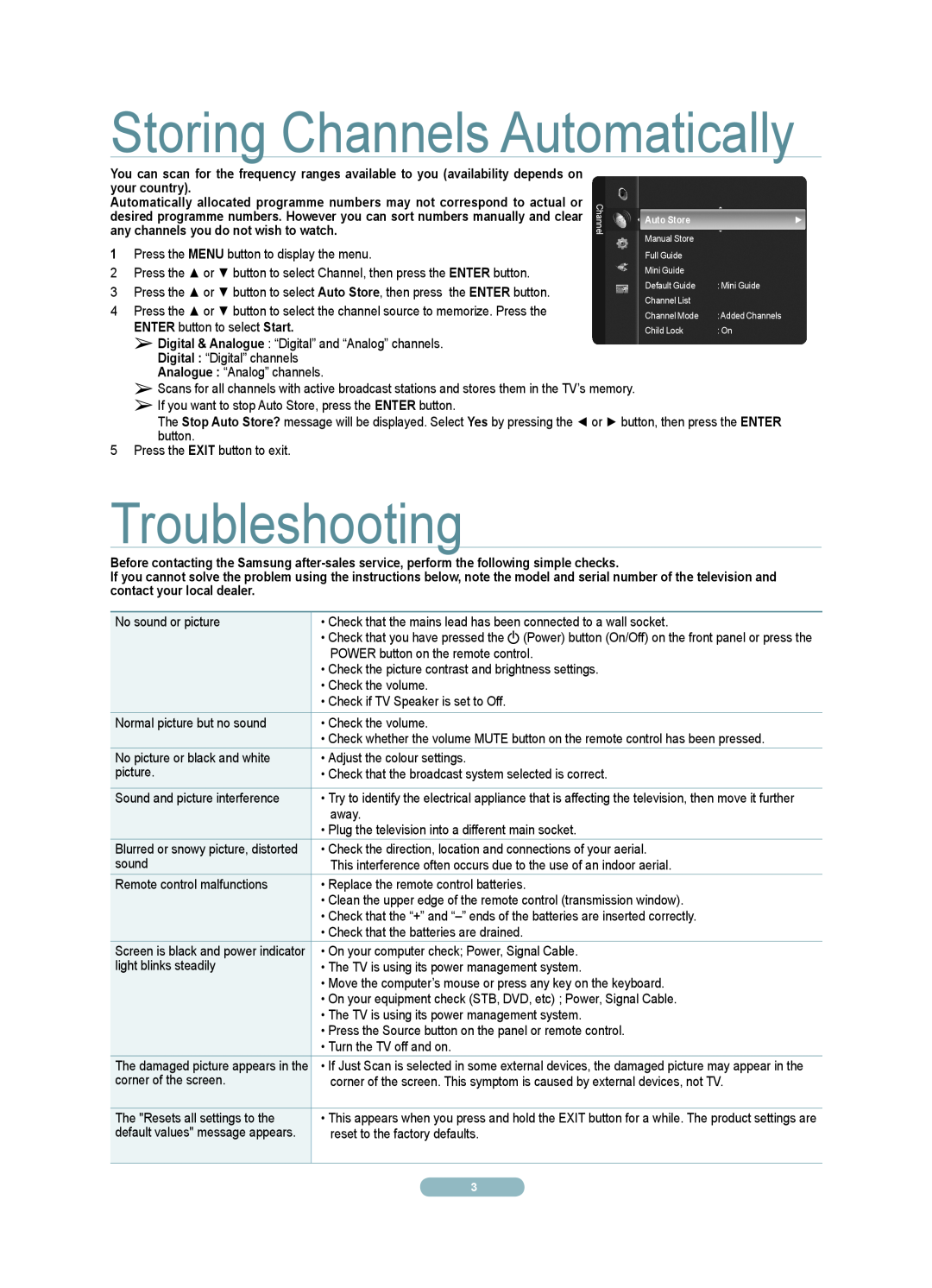 Samsung PDP TV quick start Troubleshooting, Storing Channels Automatically 