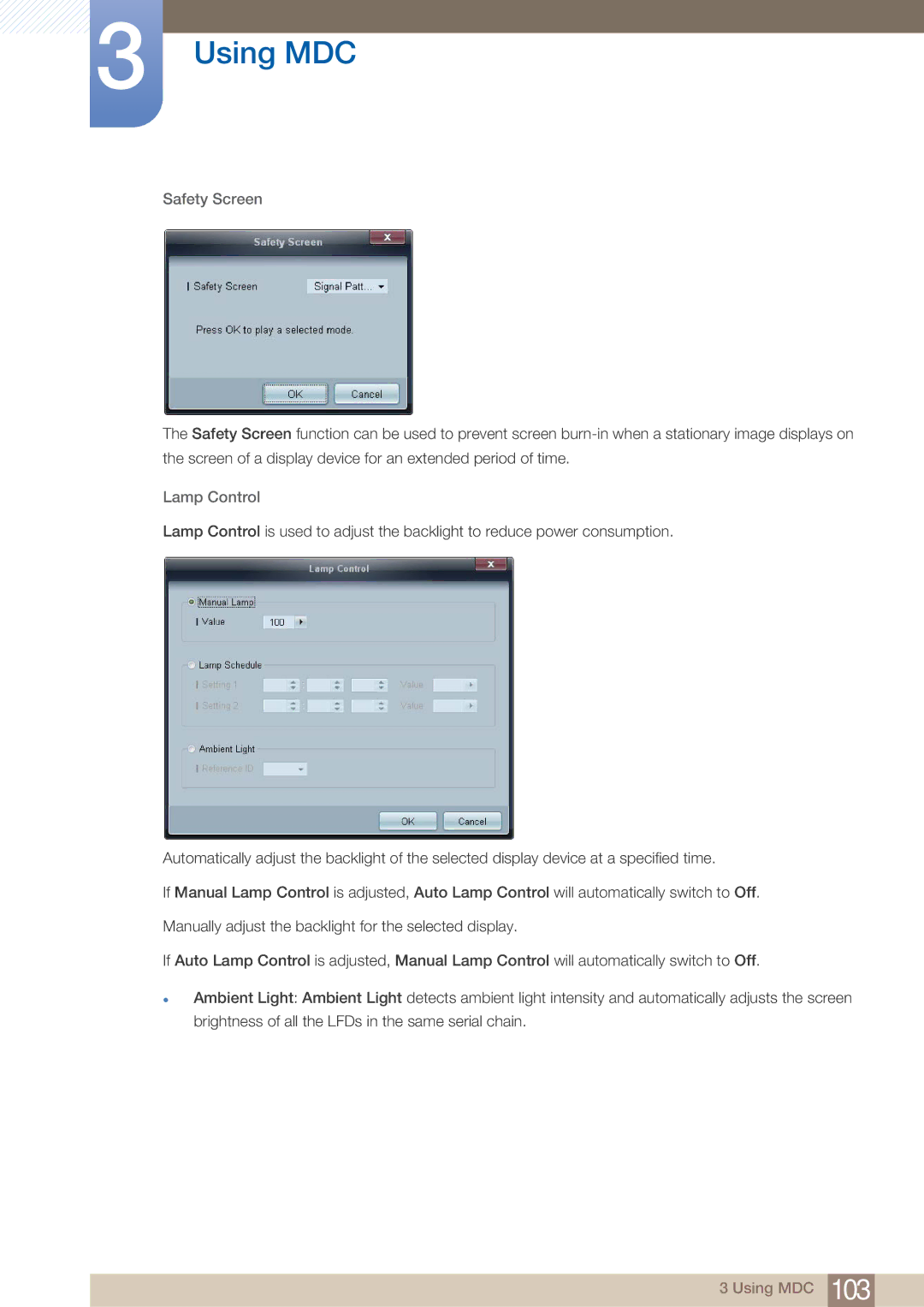 Samsung PE40C user manual Safety Screen, Lamp Control 