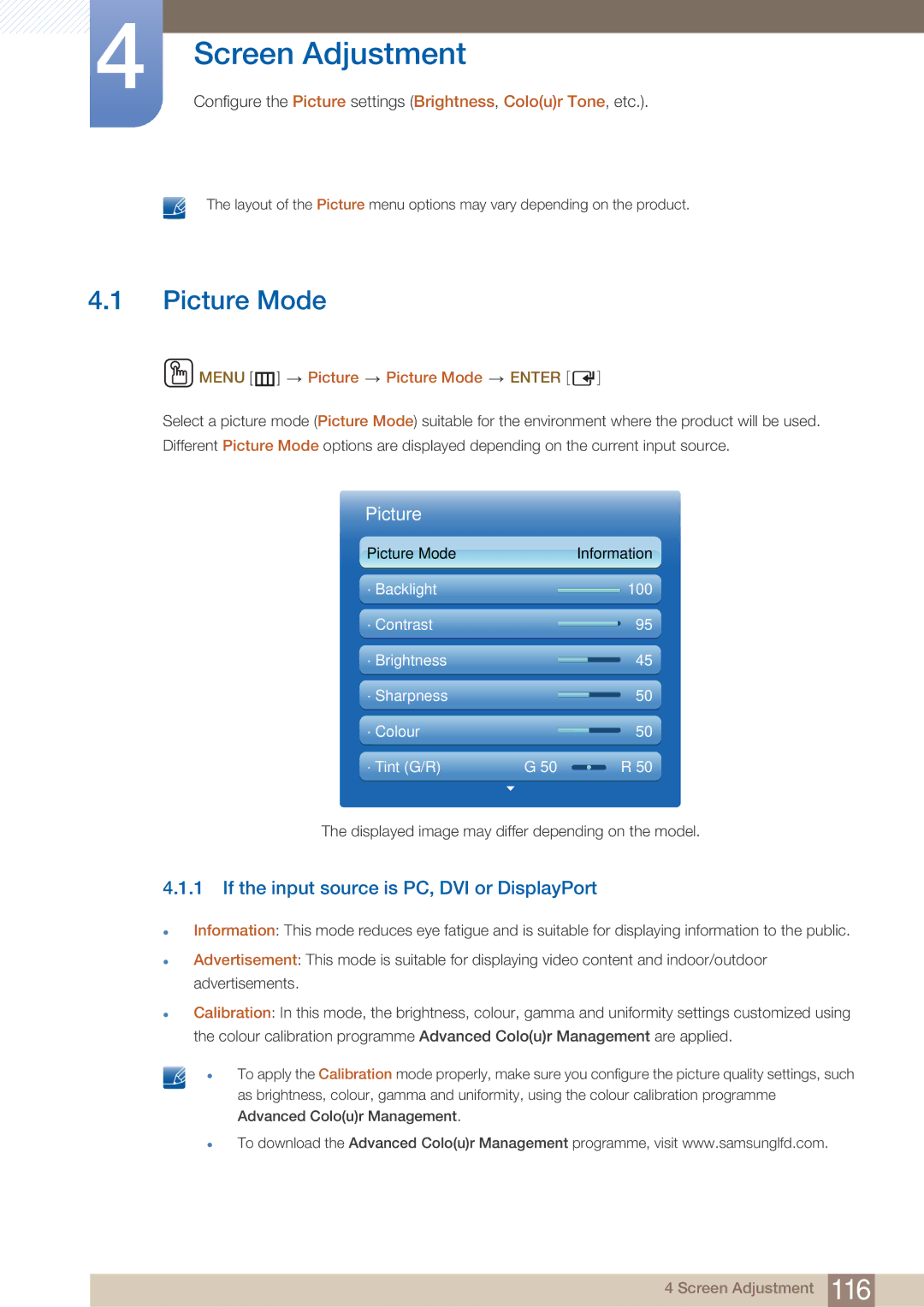 Samsung PE40C user manual If the input source is PC, DVI or DisplayPort, Menu m Picture Picture Mode Enter 