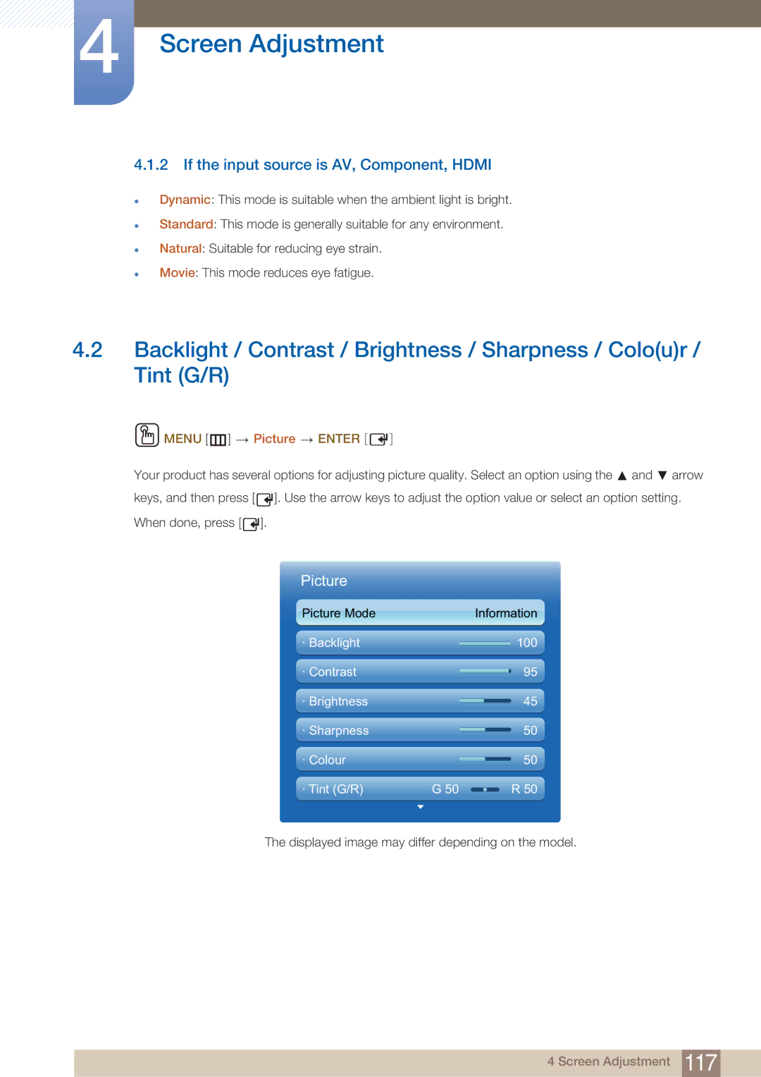 Samsung PE40C user manual If the input source is AV, Component, Hdmi, Menu m Picture Enter 