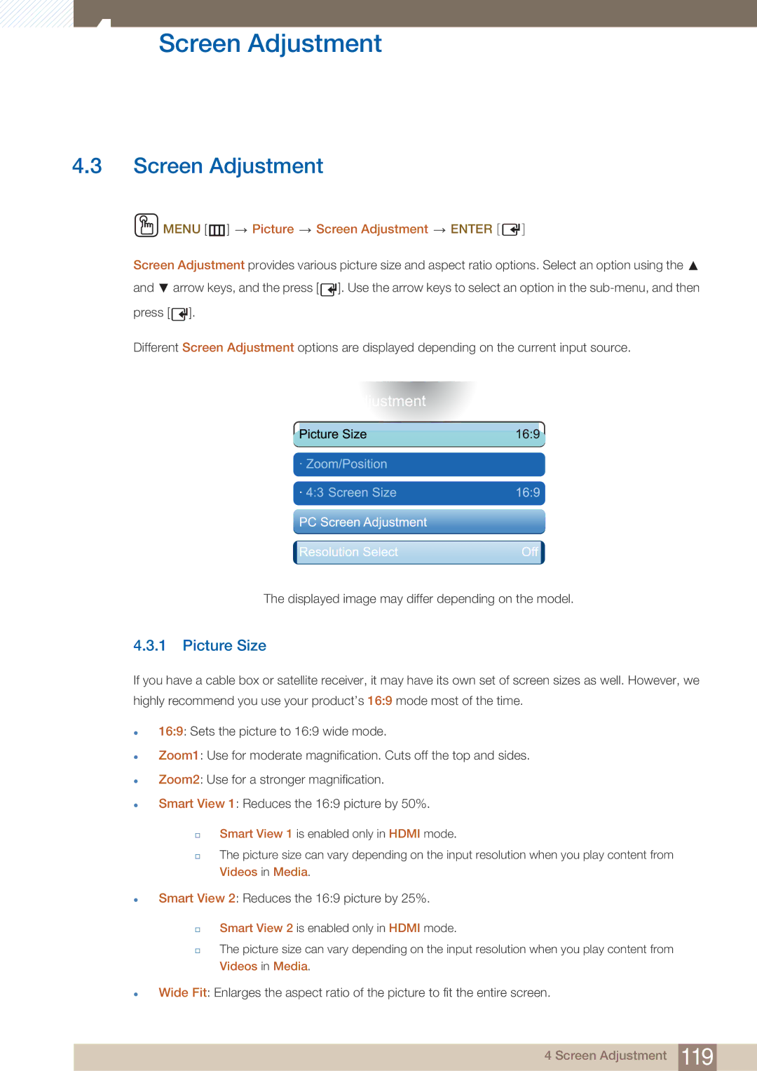 Samsung PE40C user manual Picture Size, Menu m Picture Screen Adjustment Enter 