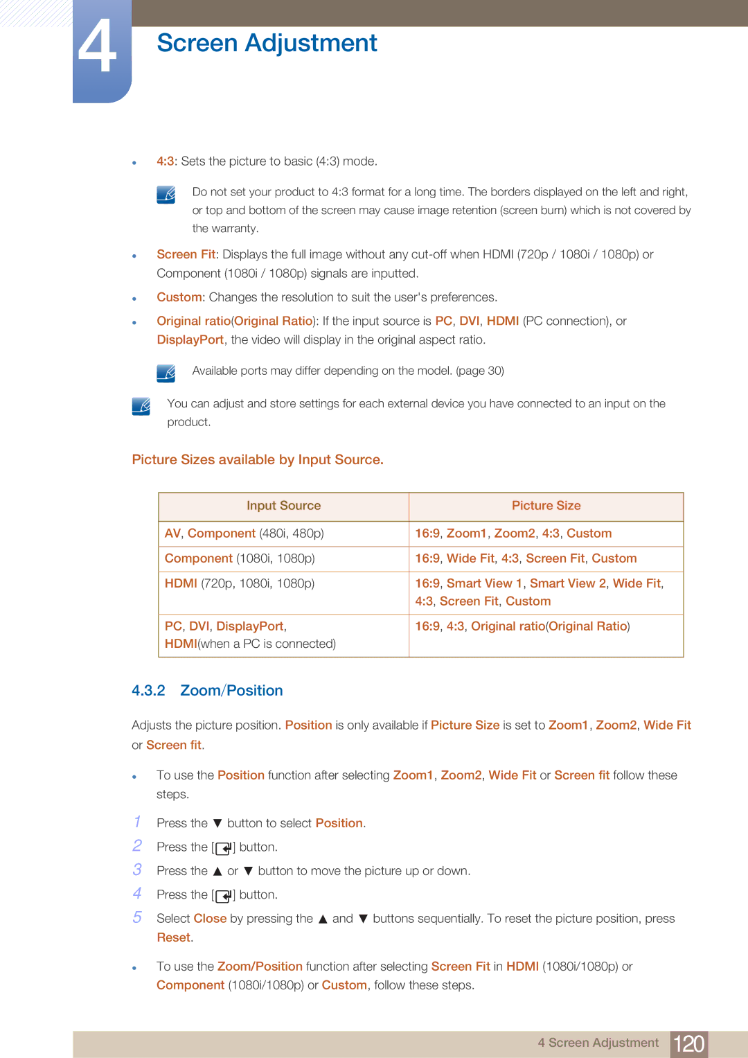 Samsung PE40C user manual Zoom/Position, Picture Sizes available by Input Source 