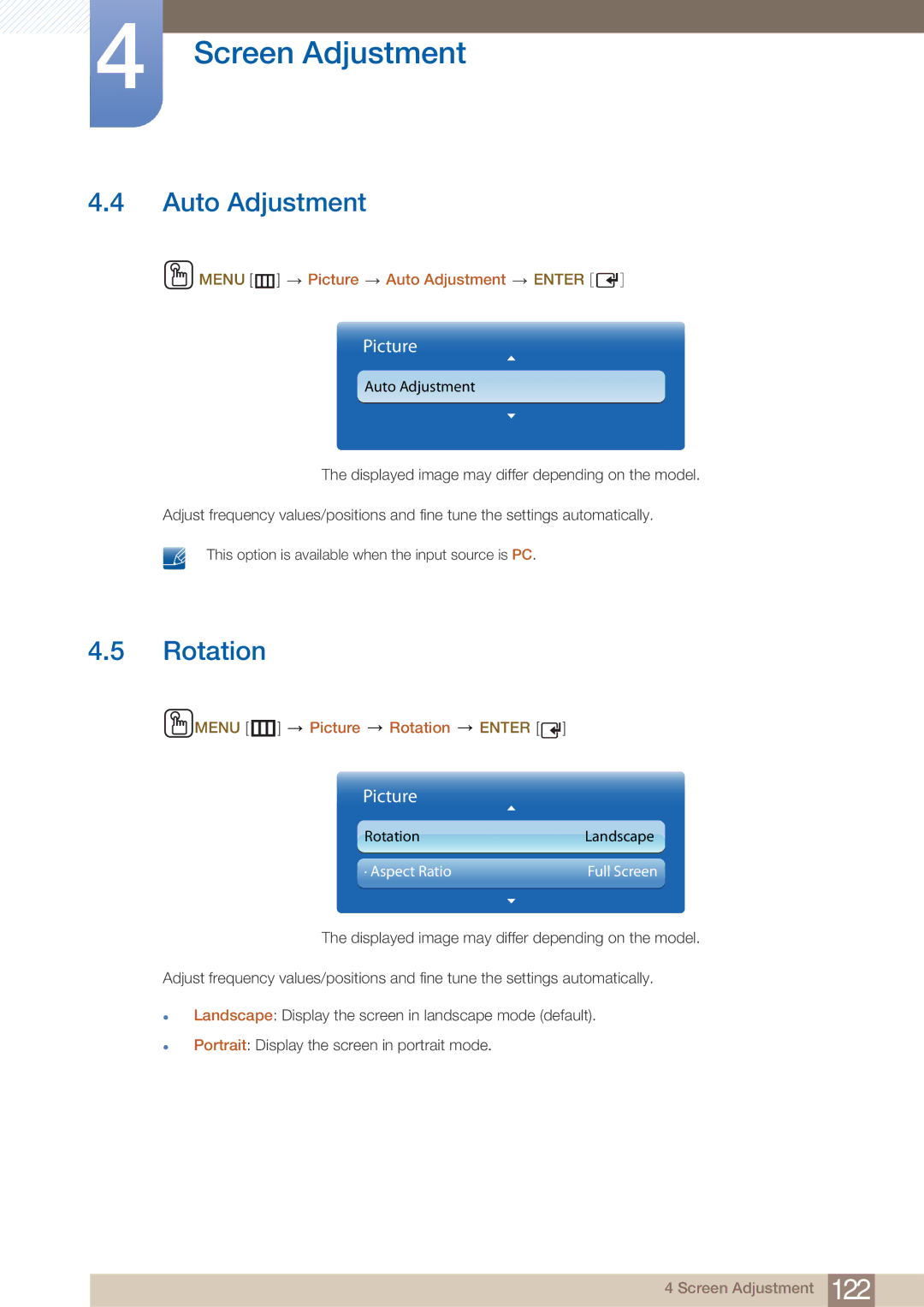 Samsung PE40C user manual Menu m Picture Auto Adjustment Enter, Menu m Picture Rotation Enter 